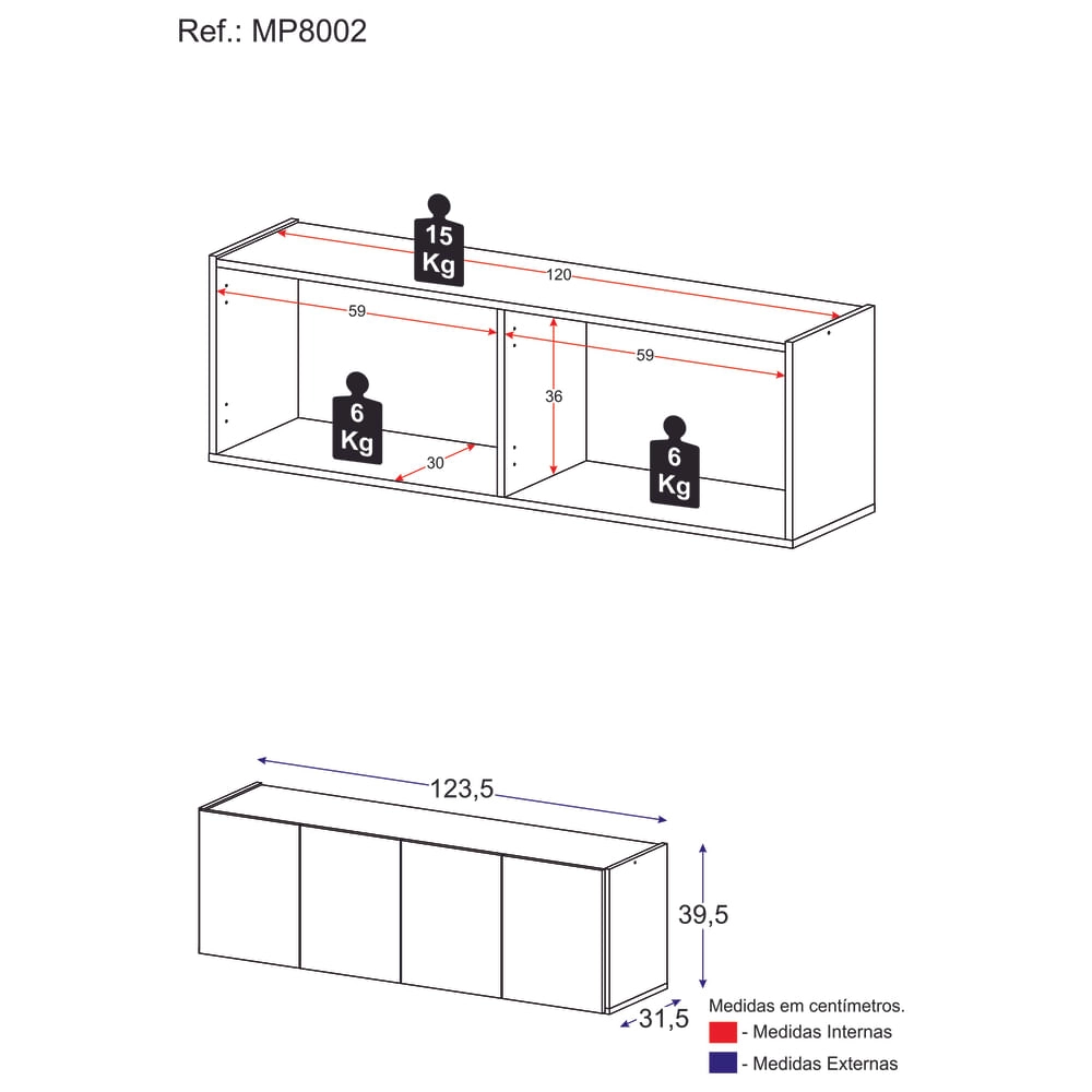 Aparador Buffet Suspenso 4 Portas Multimóveis MP8002 Branco