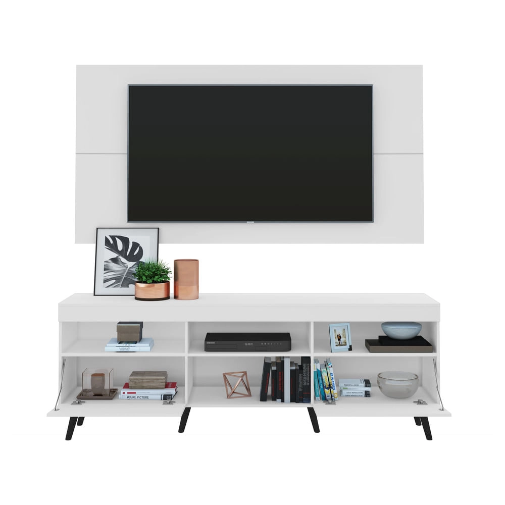 Rack c/ Painel p/ TV até 65" e Pés Retrô Flórida Multimóveis Branco/Preto