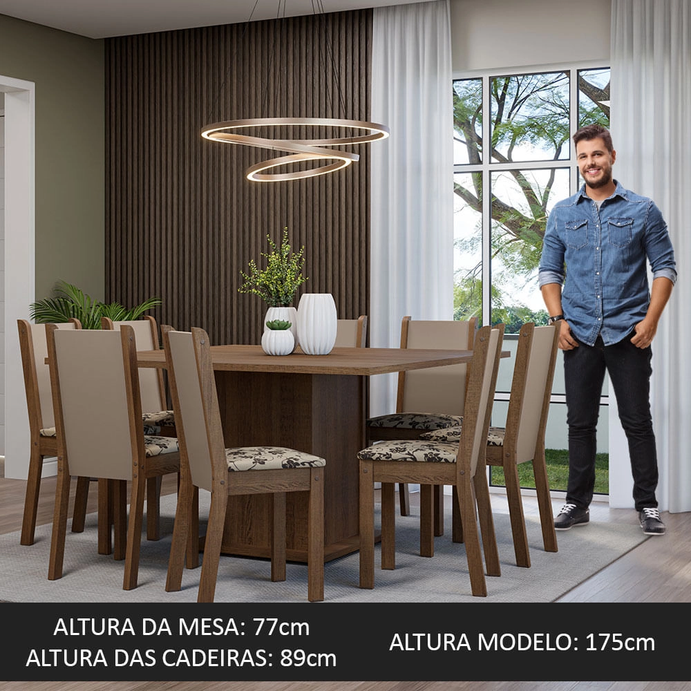 Conjunto Sala de Jantar Mesa Tampo de Madeira 8 Cadeiras Rustic