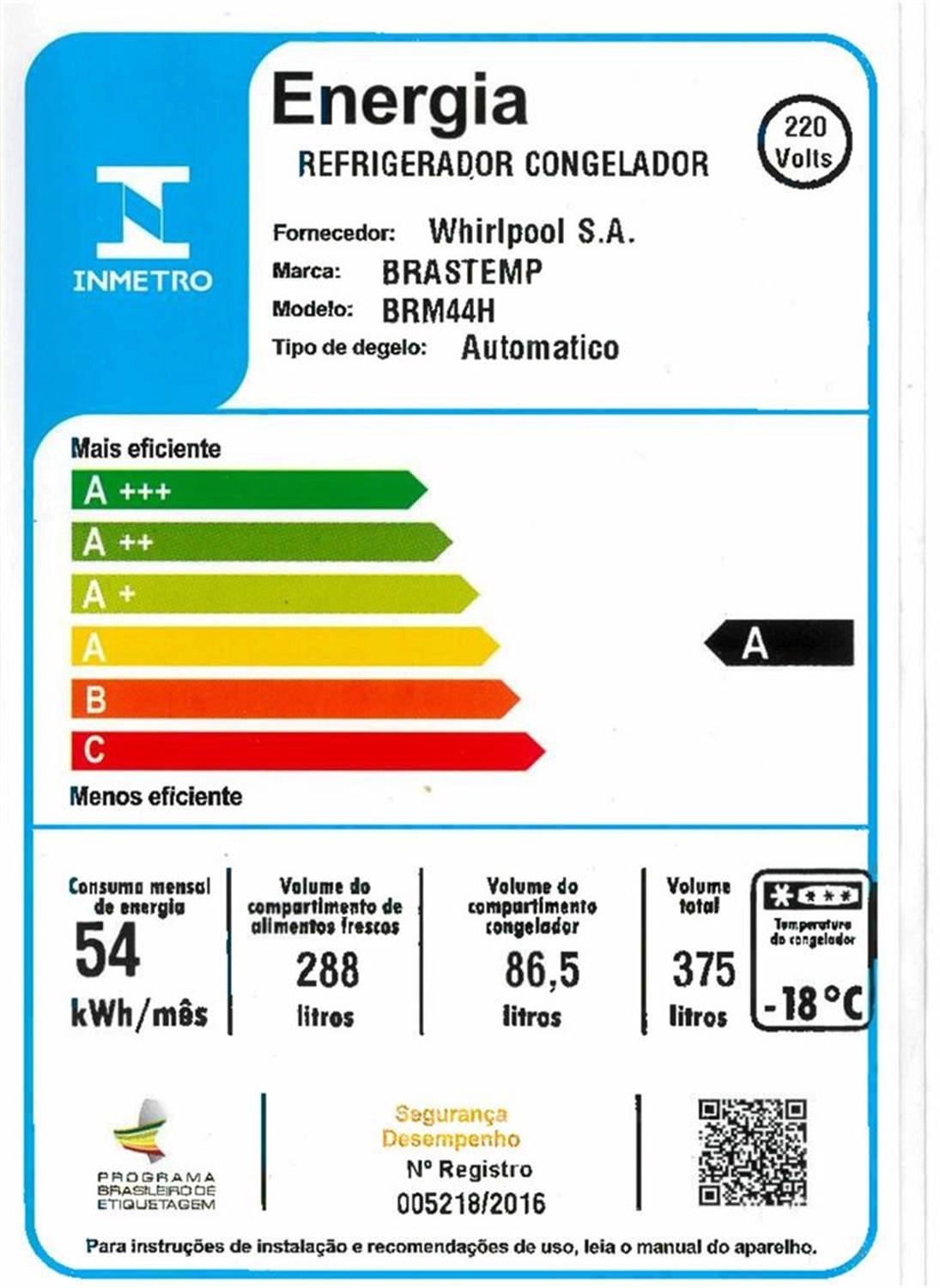 Geladeira Brastemp Frost Free Duplex 375 litros com Compartimento Extrafrio - BRM44HK 220V