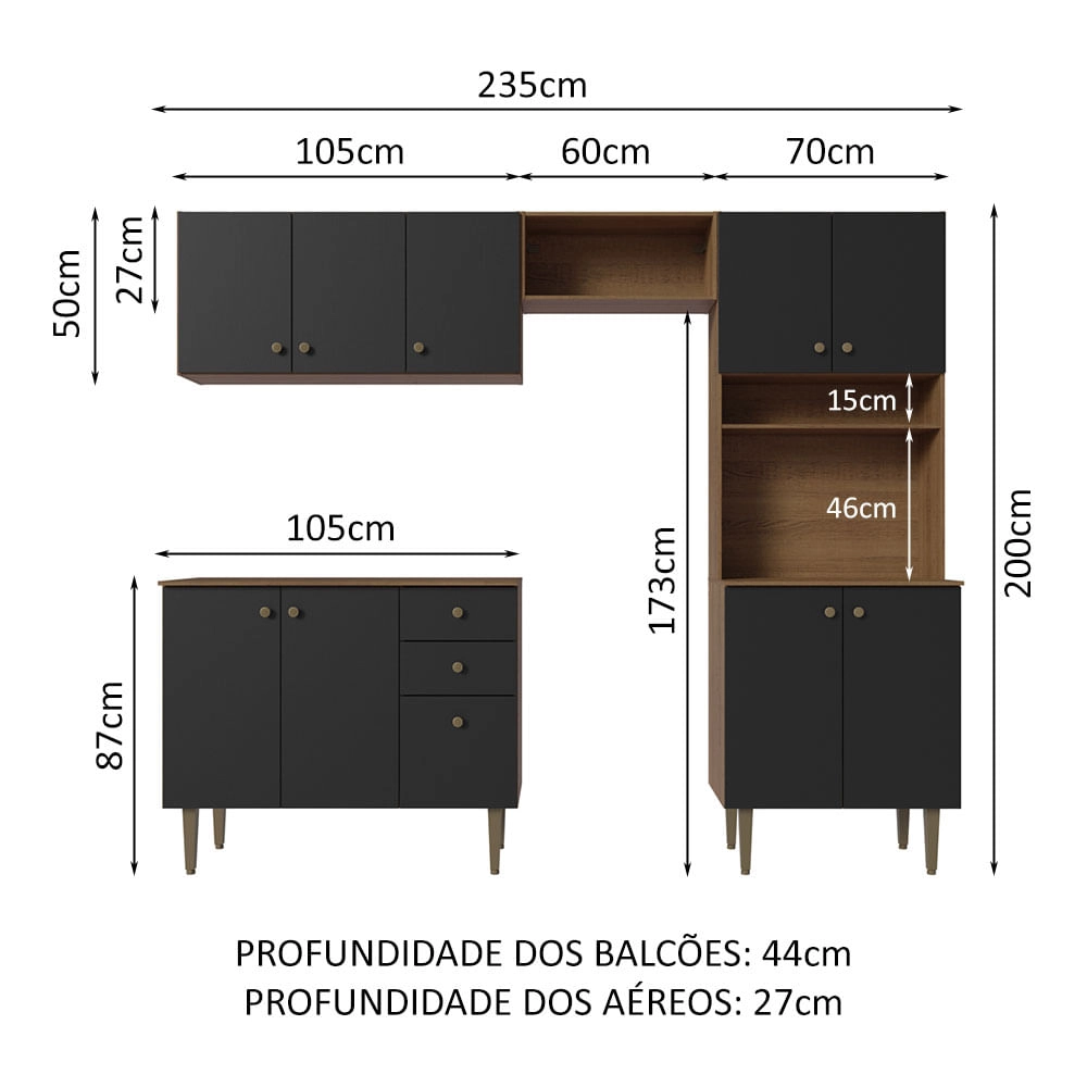 Armário de Cozinha Compacta 235cm Rustic/Preto Gourmet Madesa 01 Cor:Rustic/Preto