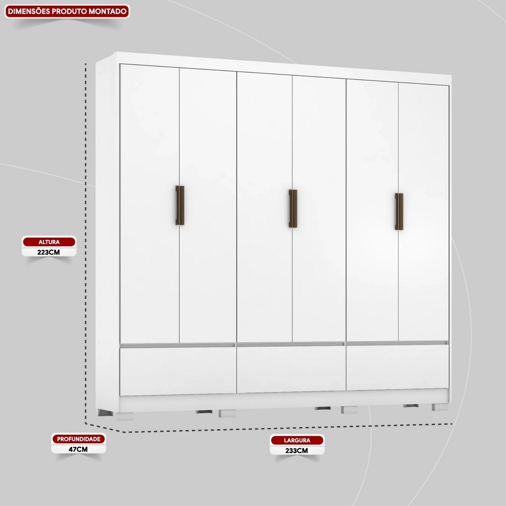 Guarda Roupa 6 Portas 3 Gav 2.33M Himalaia Branco 12/15MM C/Pe A223XL233XP47 Demóbile