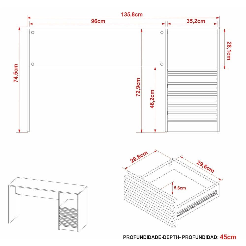 Escrivaninha/Mesa Escritório 135,8cm 2 Gavetas e Nicho Multimóveis CR25262 Branco