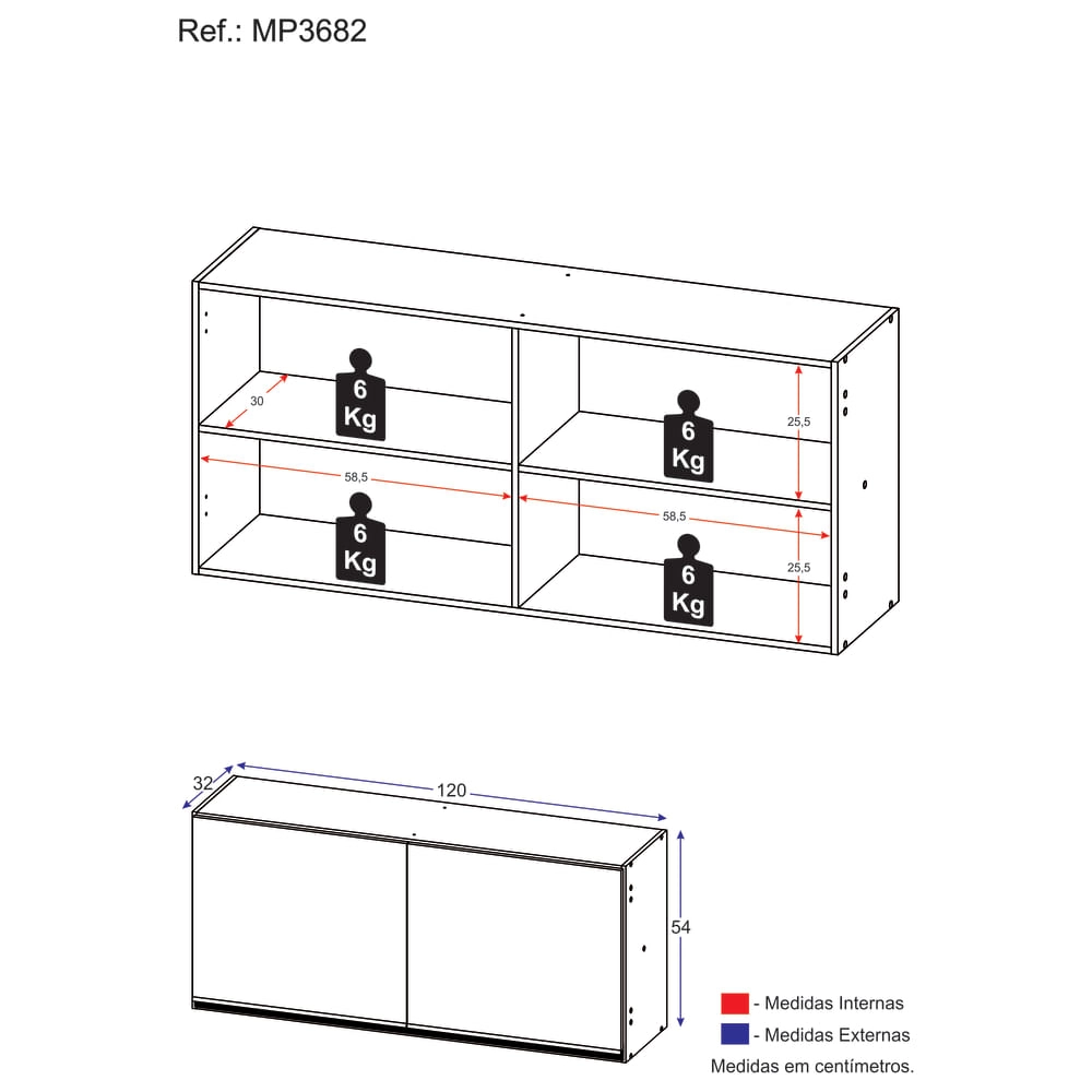 Armário Aéreo Cozinha 120 cm 2 Portas Veneza Multimóveis Branco