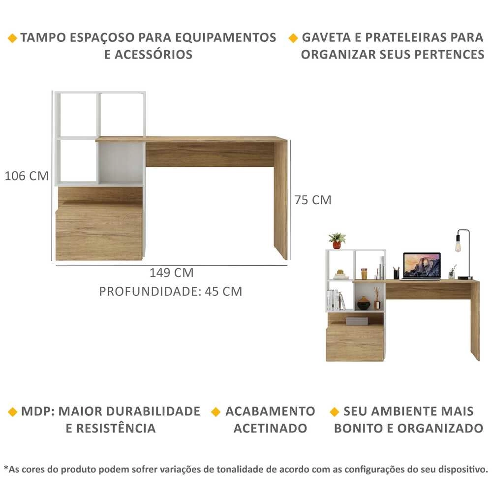 Escrivaninha Mesa para Computador Atlantis Multimóveis Branca/Rustic