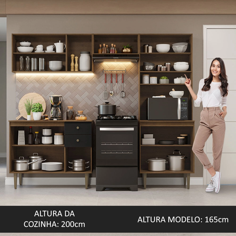 Armário de Cozinha Compacta 235cm Rustic/Preto Gourmet Madesa 01 Cor:Rustic/Preto