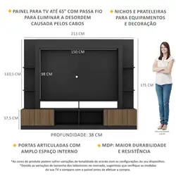 Rack Estante com Painel TV 65" e 2 portas Oslo Multimóveis Preto/Madeirado