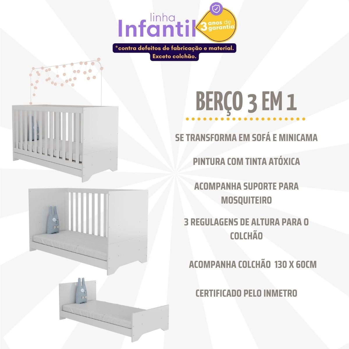 Berço 3 em 1 com Colchão Incluso Pipoca Multimóveis BB0527C Branco