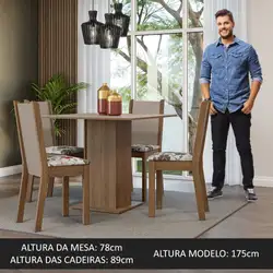 Conjunto Sala de Jantar Mesa Tampo de Madeira 4 Cadeiras Rustic/Crema/Hibiscos Alana Madesa Cor:Rustic/Crema/Hibiscos