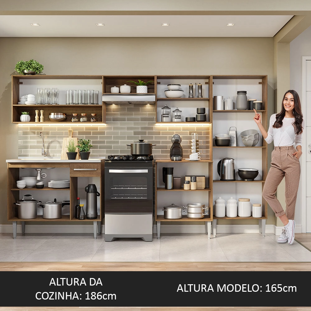 Armário de Cozinha Completa 293cm com Pia Rustic/Preto Emilly Madesa 09 Cor:Rustic/Preto