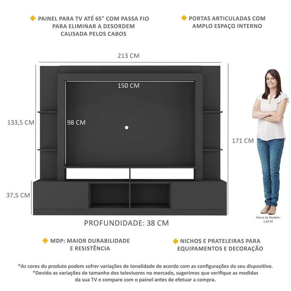 Rack Estante com Painel TV 65" e 2 portas Catar Multimóveis BR3395 Preto