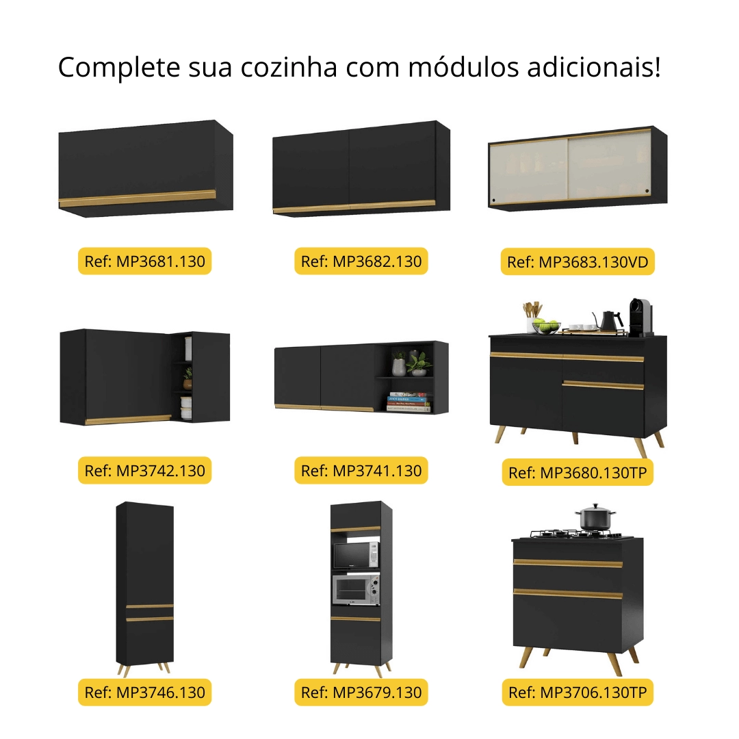 Armário de Cozinha com Bancada/Mesa Gourmet Veneza Multimóveis MP2174 Preto/Dourado