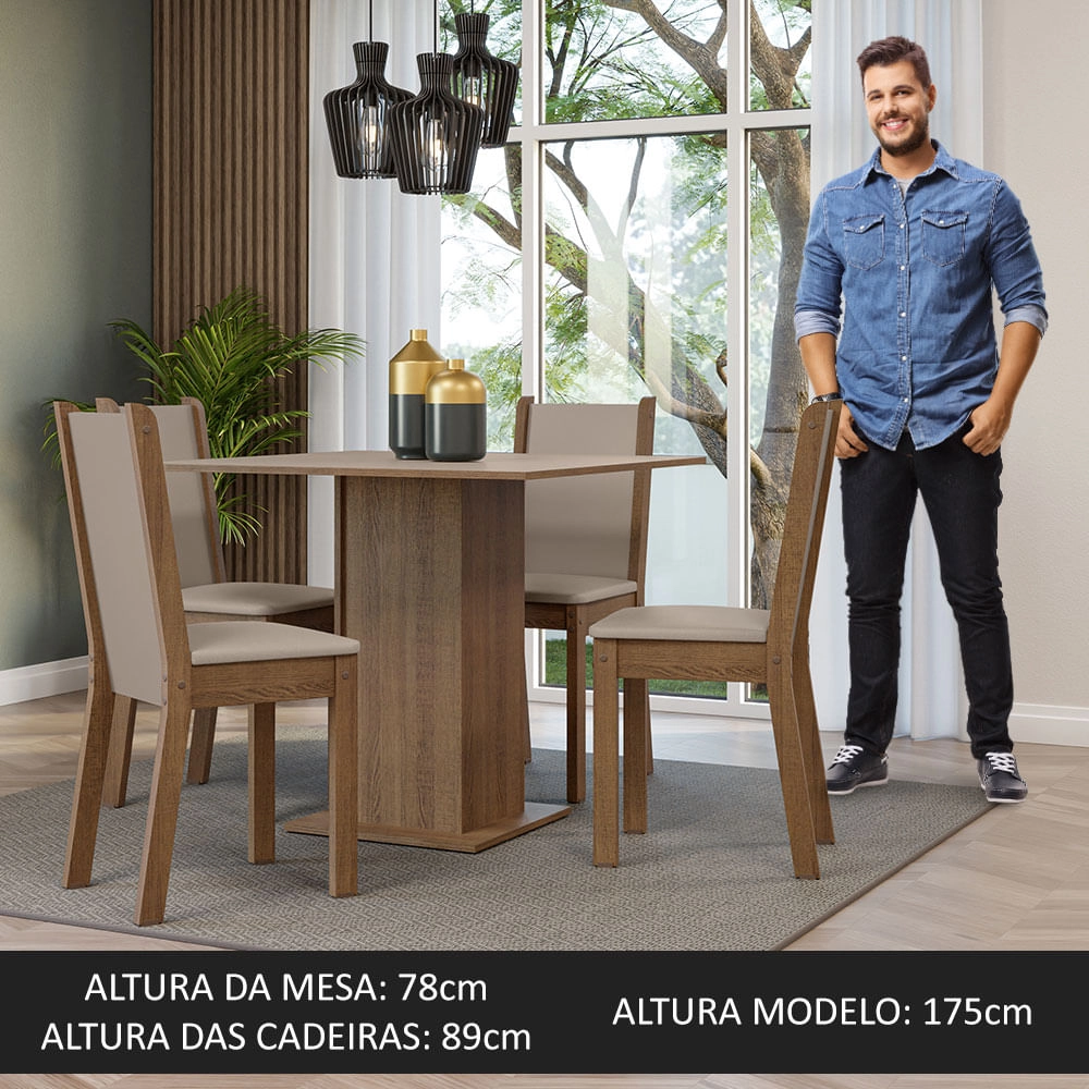 Conjunto Sala de Jantar Madesa Alana Mesa Tampo de Madeira com 4 Cadeiras Rustic/Crema/Pérola Cor:Rustic/Crema/Pérola