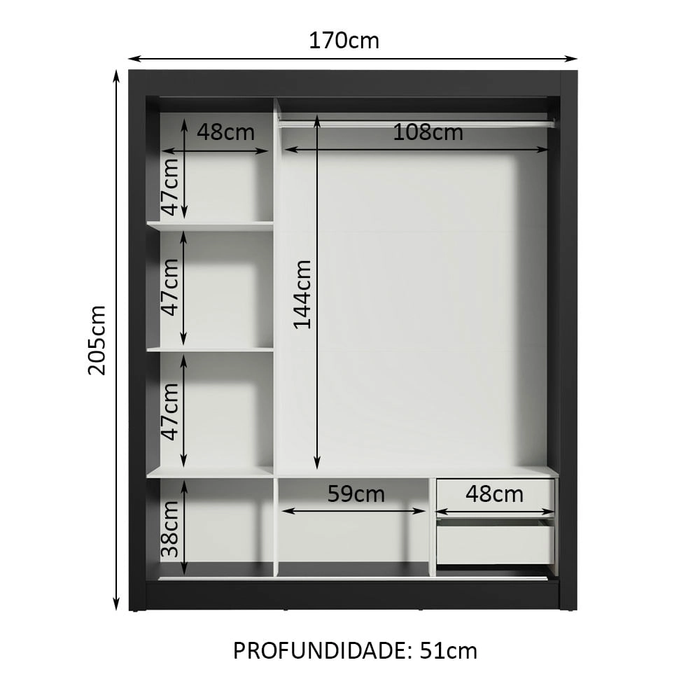 Guarda Roupa Casal Madesa Lyon 3 Portas de Correr com Espelho 2 Gavetas Cor:Preto