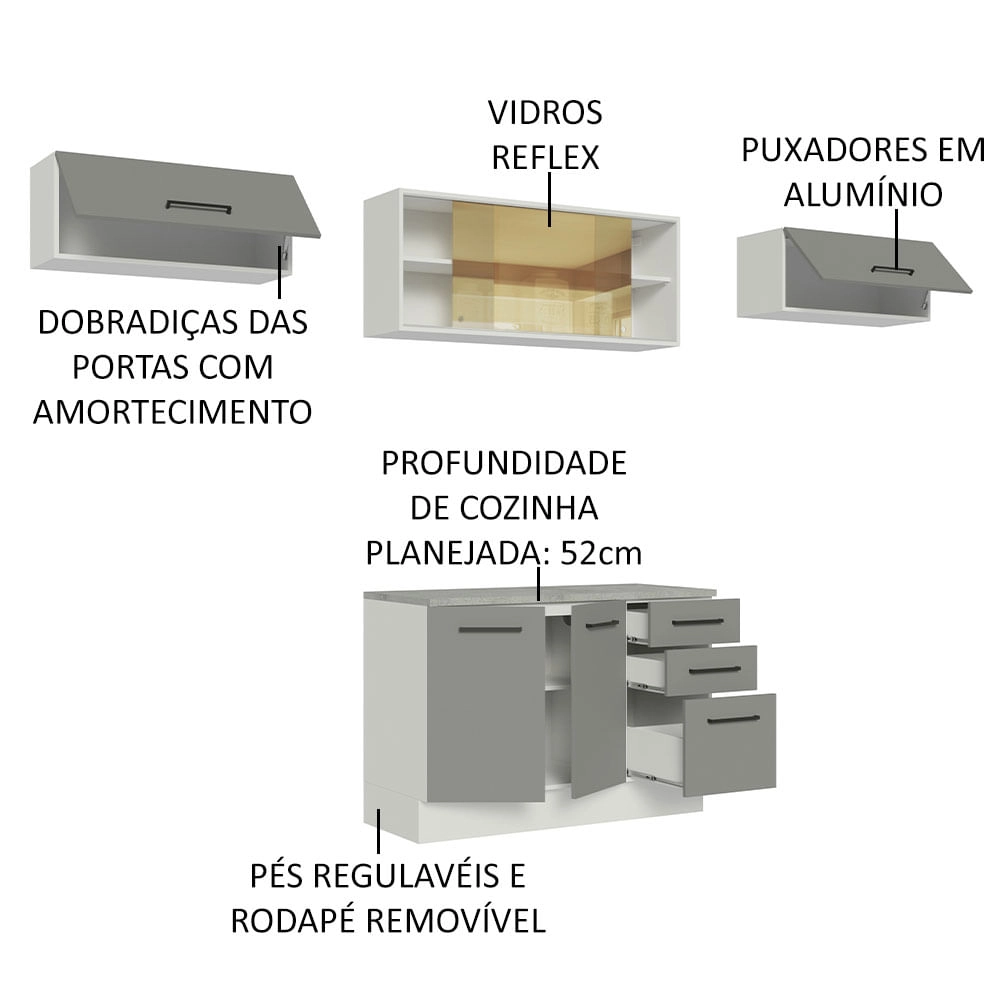 Cozinha Compacta Madesa Agata 280004 com Armário e Balcão (Com Tampo) Branco/Cinza Cor:Branco Cinza