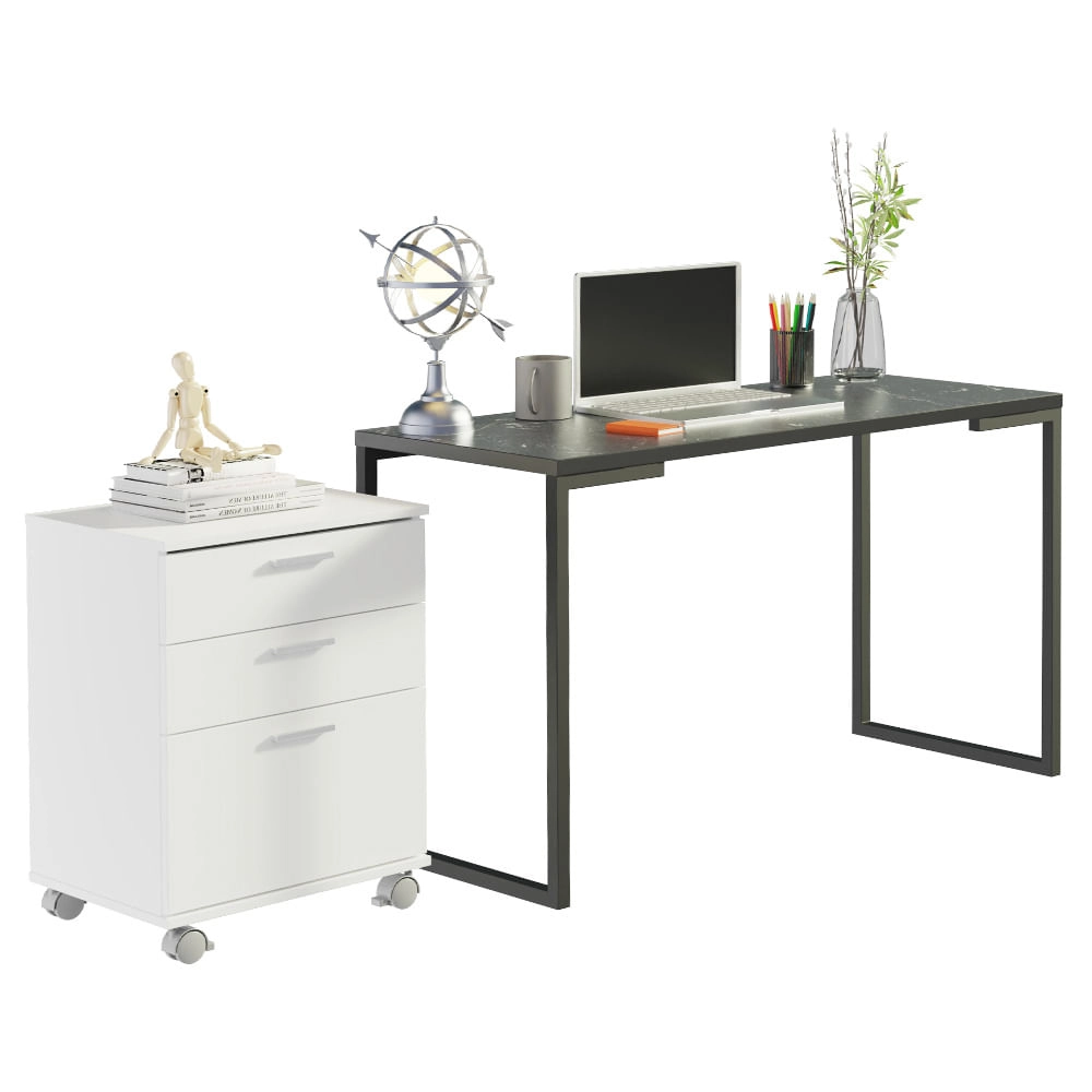 Conjunto Escritório Home Office com Mesa Industrial + Gaveteiro Branco/Preto Madesa Cor:Branco/Preto