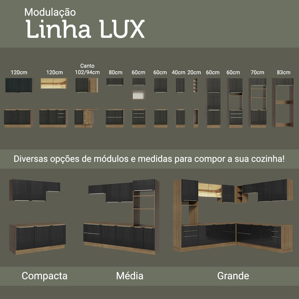 Cozinha Compacta Madesa Lux com Armário e Balcão 5 Portas 3 Gavetas Rustic/Preto Cor:Rustic/Preto