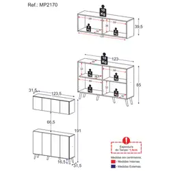 Kit Armário de Cozinha Aéreo e Balcão 4 Portas Retrô Multimóveis MP2170 Branco/Natural