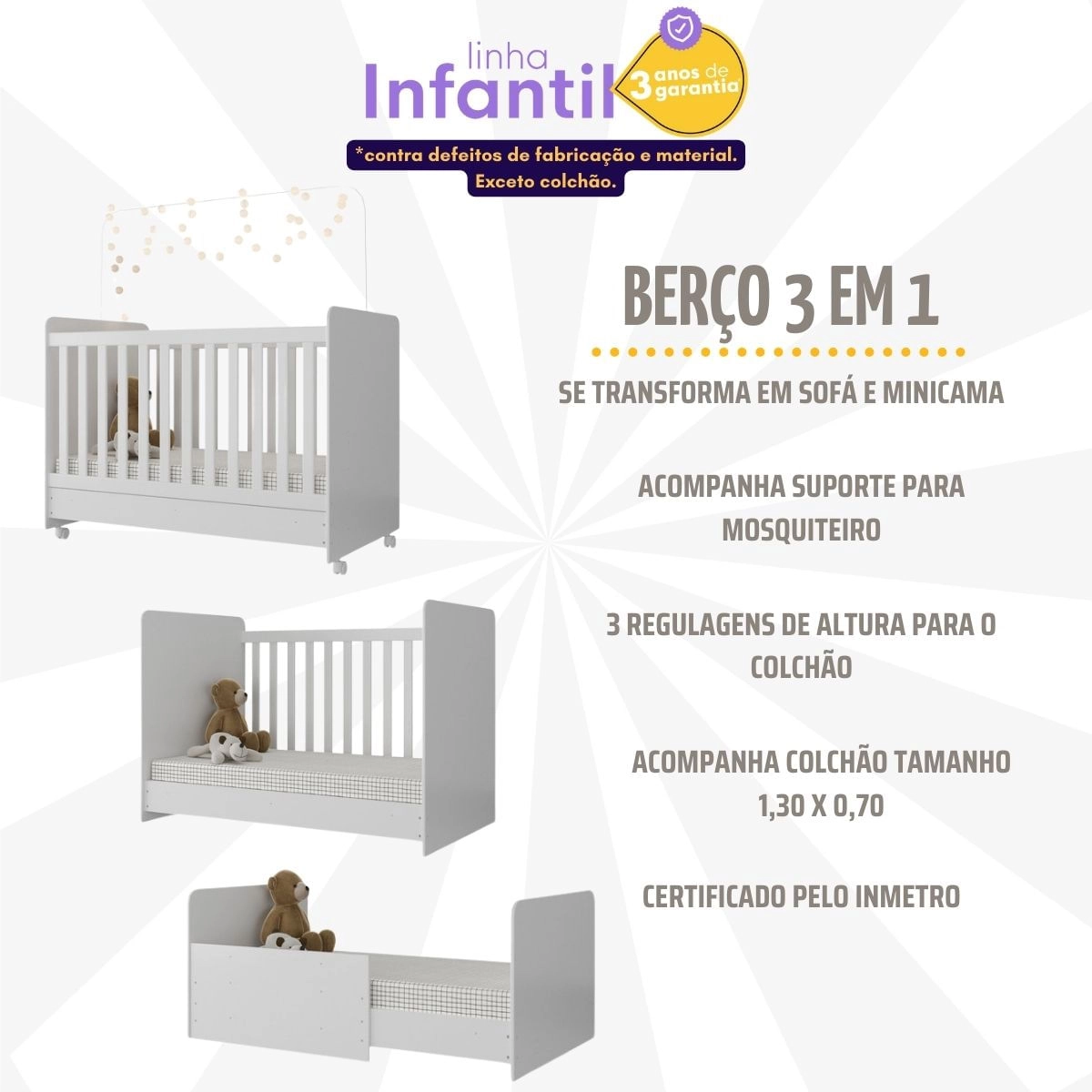 Berço Americano 3 em 1 com Colchão Incluso Chantilly Multimóveis BB0504BC Branco