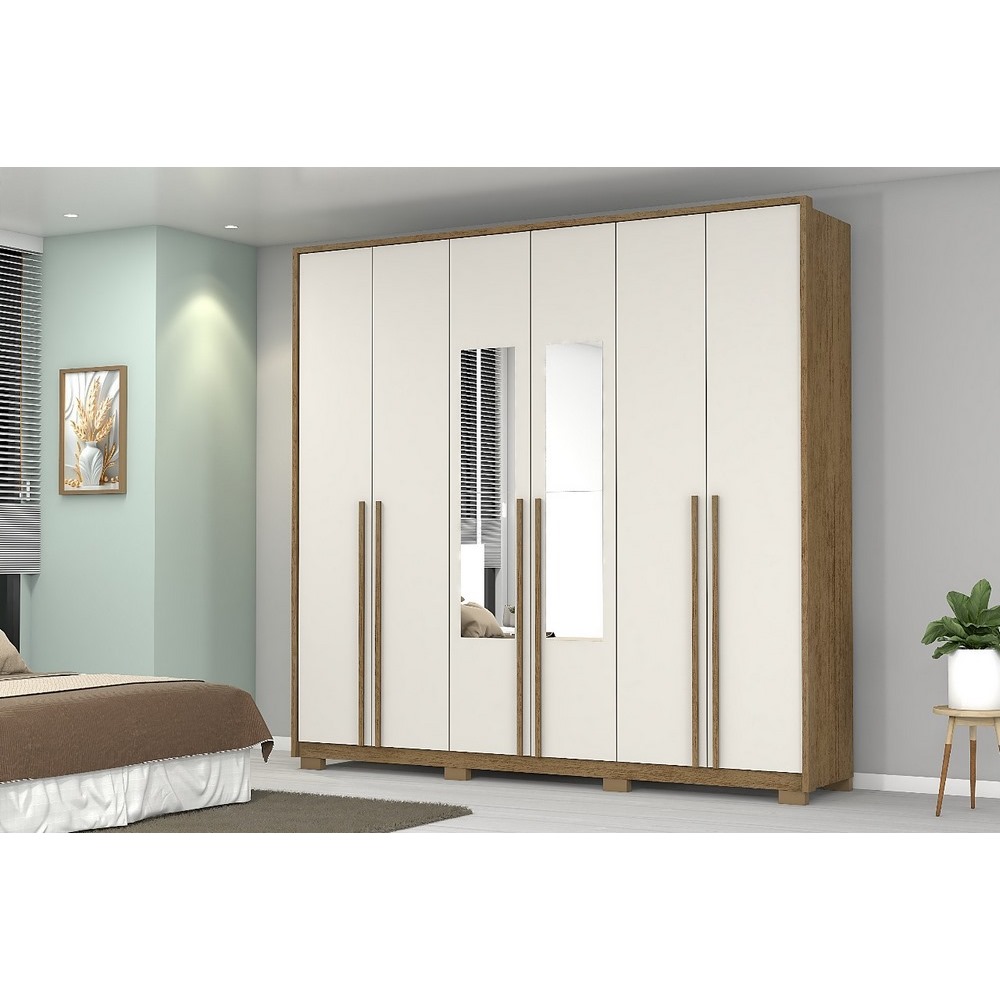 Guarda Roupa 6 Portas 4 Gav 2.30M Reino Cinamomo/Off MDF 12/15MM C/Pe C/Espelho A230XL240XP55 Josan