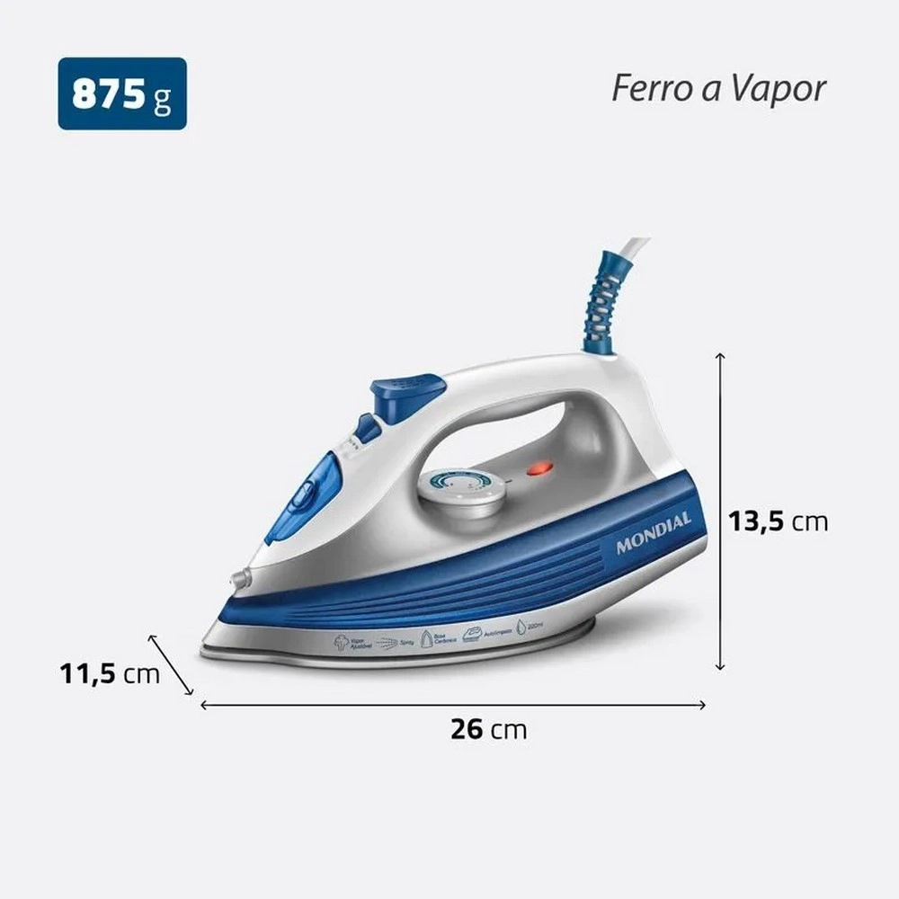 Ferro De Passar A Vapor Mondial FVN-01-BL 1200W Branco/Azul 220V