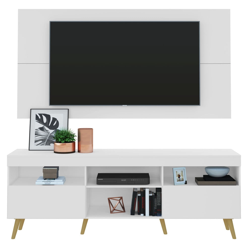 Rack c/ Painel e Suporte TV 65" e Pés Retrô Flórida Multimóveis Branco/Natural