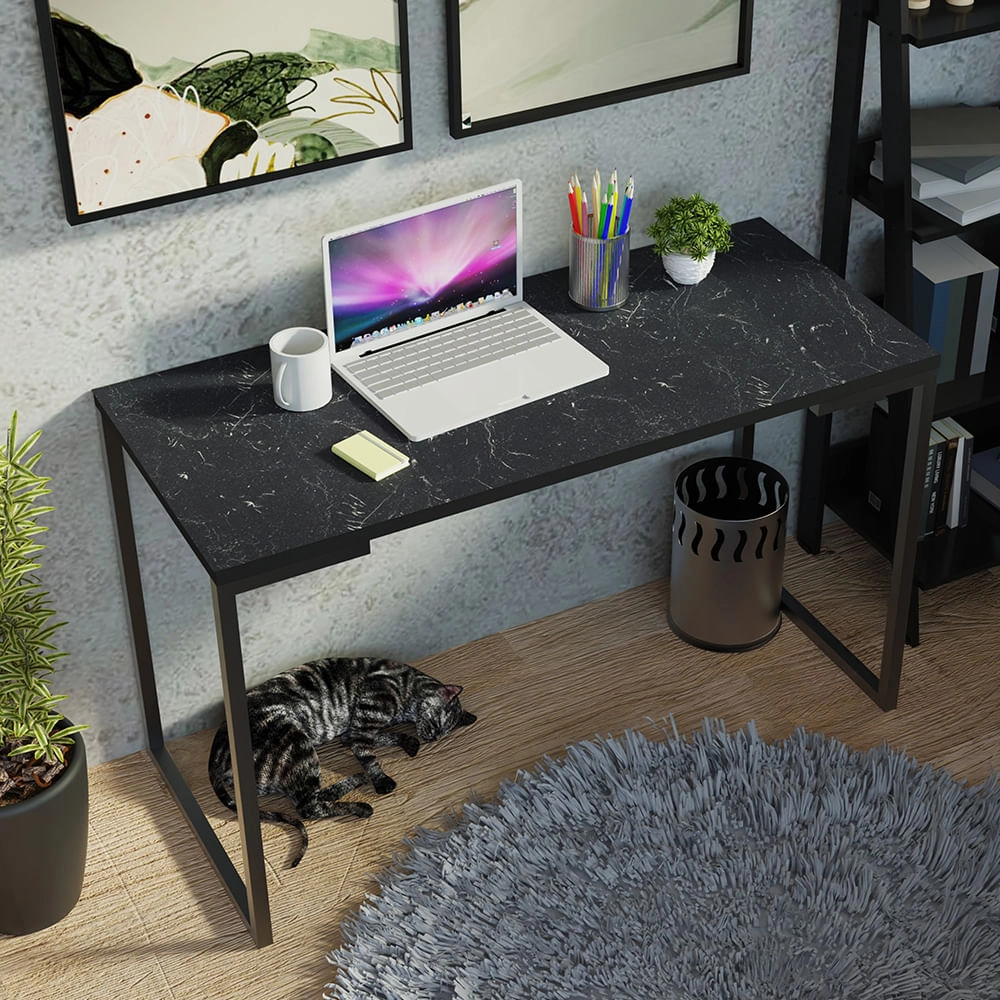 Conjunto Escritório Home Office com Mesa Industrial + Estante Escada Preto  Madesa Cor:Preto