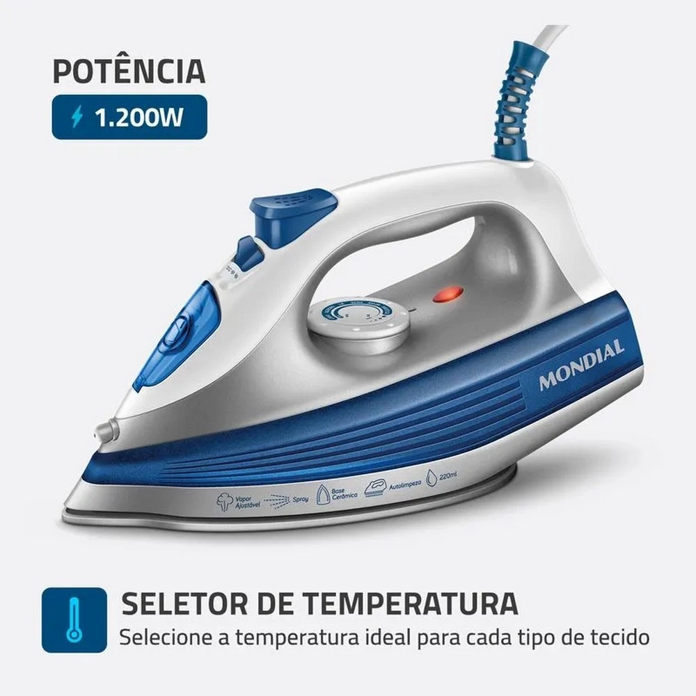 Ferro De Passar A Vapor Mondial FVN-01-BL 1200W Branco/Azul 220V