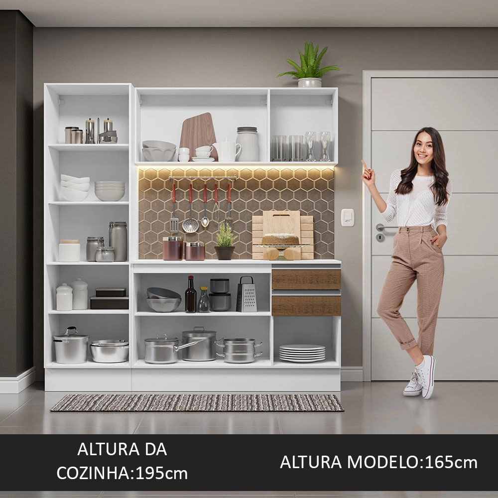 Cozinha Compacta 100% MDF Madesa Smart 170 cm Modulada Com Armário, Balcão e Tampo Branco/Rustic/Crema Cor:Branco/Rustic/Crema