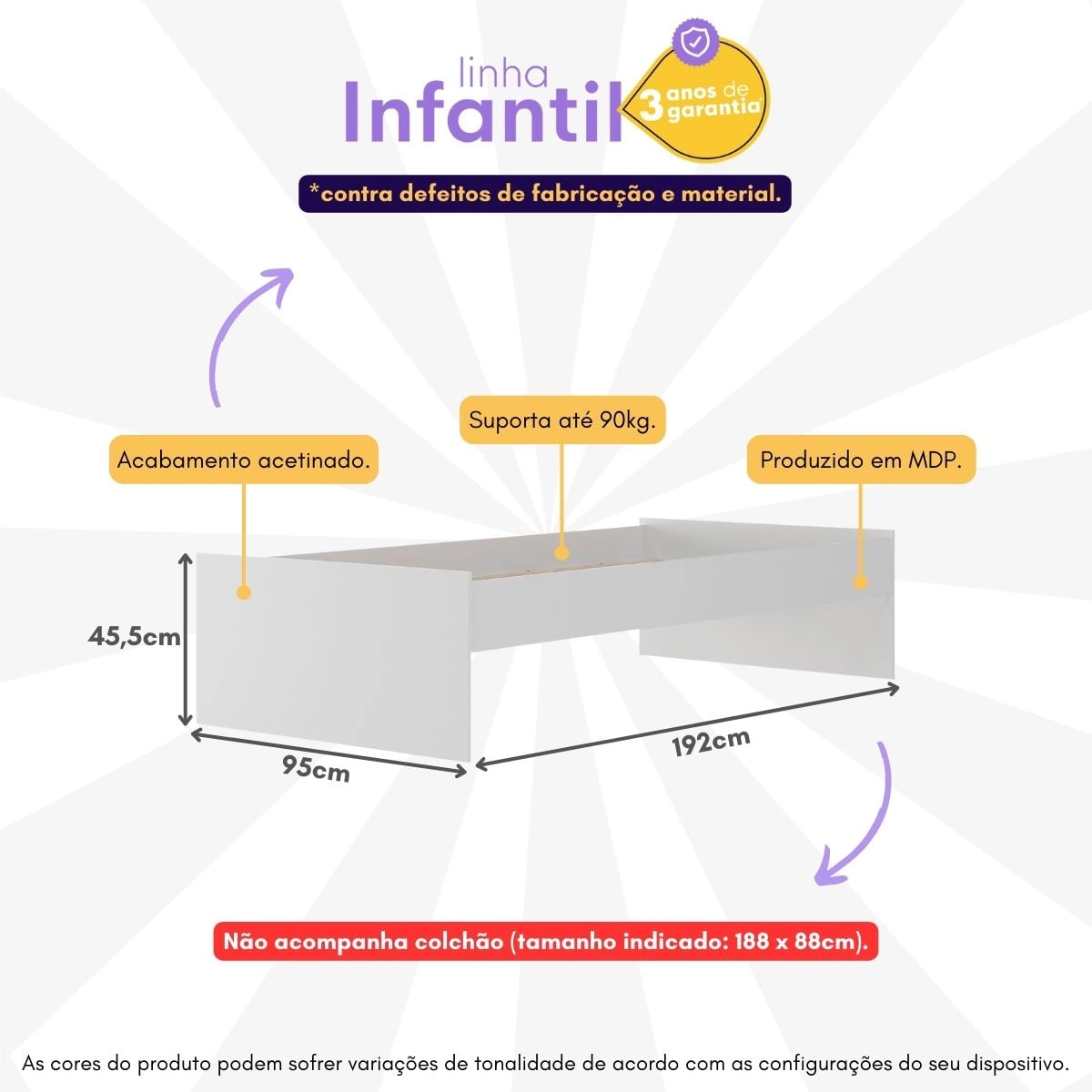 Cama de Solteiro para colchão 88x188cm Maçã do Amor Multimóveis BB4022 Branco