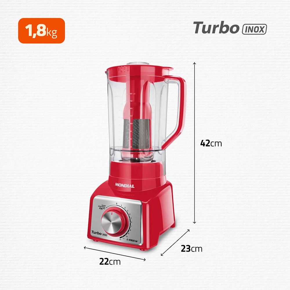 Liquidificador Turbo Mondial  Inox Red L-1000 RI LIQUIDIFICADOR-220V-VERMELHO/INOX