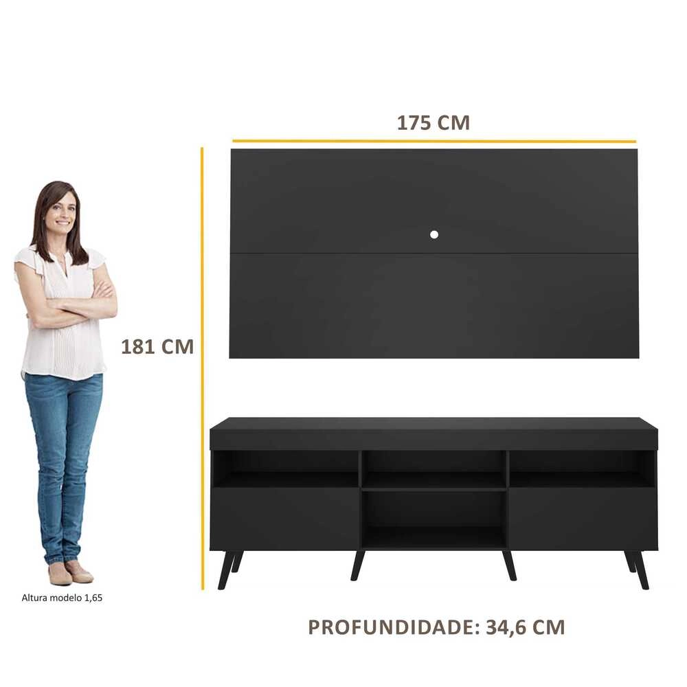 Rack c/ Painel p/ TV até 65" e Pés Retrô Flórida Multimóveis Preto