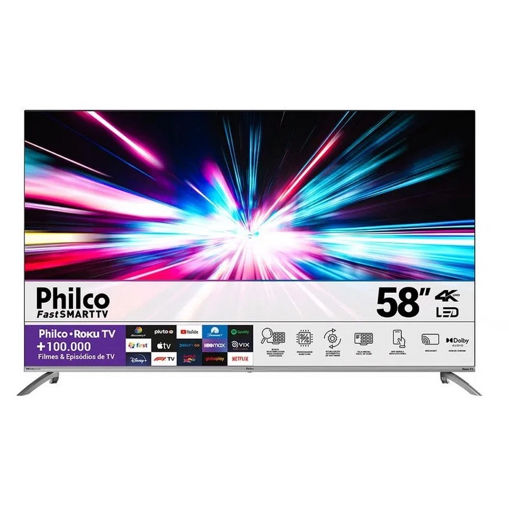 TV LED Smart 58" Philco PTV58G7UR2CSBL UHD 4k Roku Wi-Fi 4 HDMI 2 USB Prata Bivolt