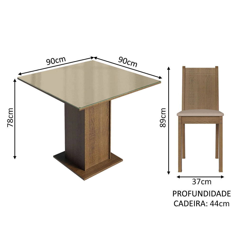 Conjunto Sala de Jantar Mesa Tampo de Vidro 4 Cadeiras Rustic/Crema/Sintético Bege Perla Madesa Cor:Rustic/Crema/Sintético Bege