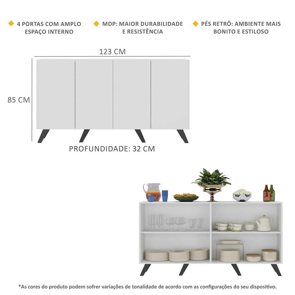 Aparador Buffet 4 Portas Retrô Alemanha Multimóveis BR3556 Branco/Preto