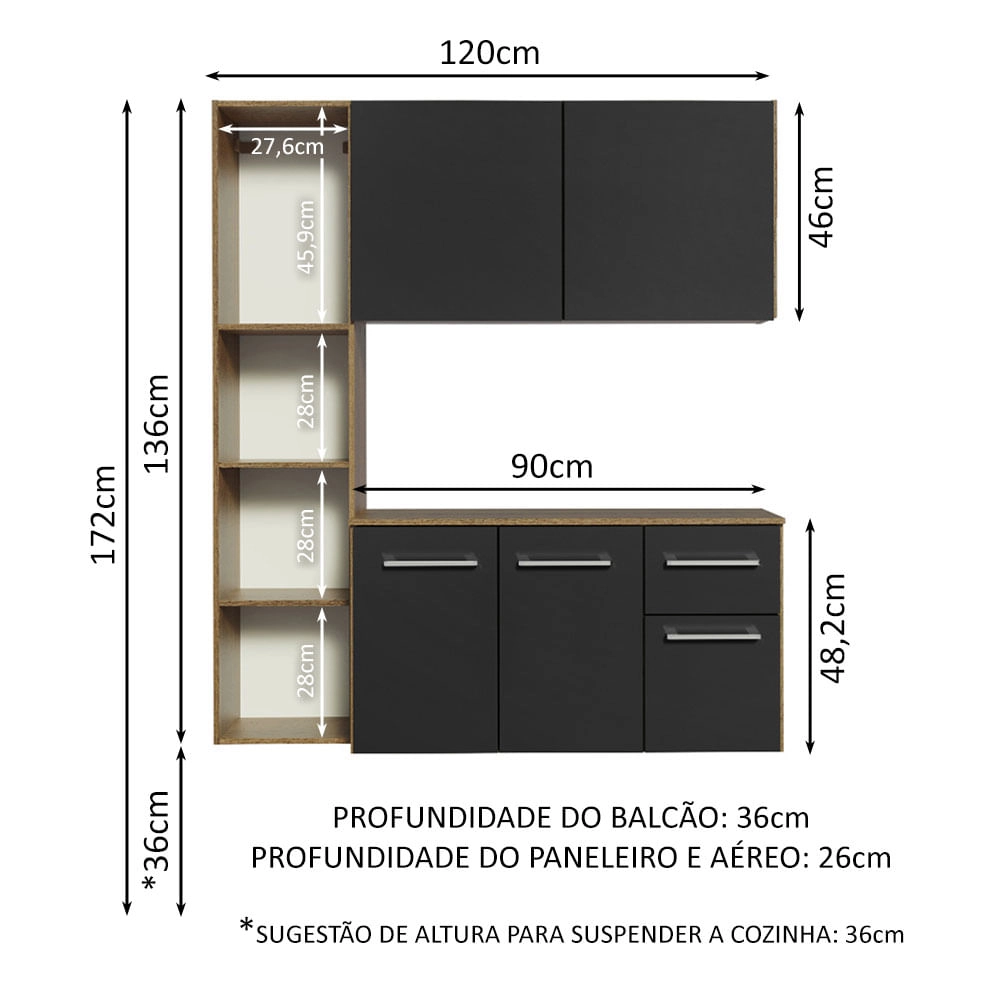 Armário de Cozinha Compacta 120cm Rustic/Preto Easy Madesa Cor:Rustic/Preto
