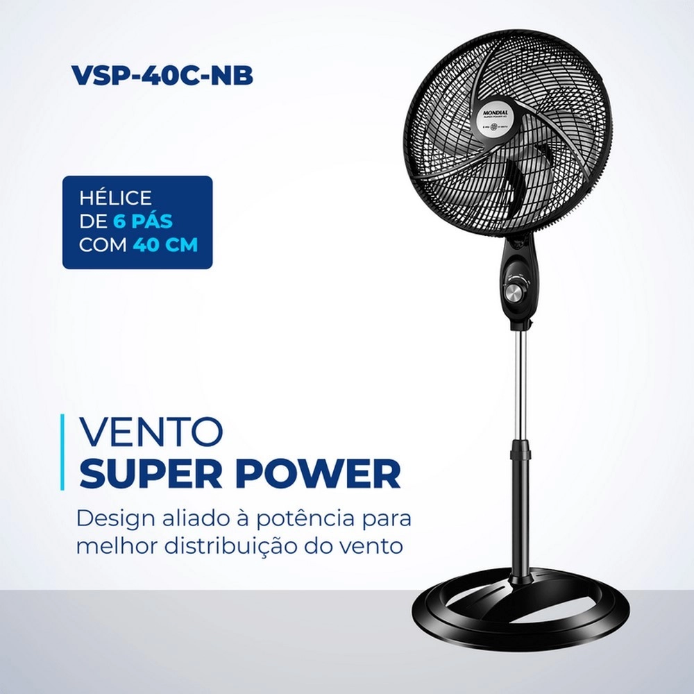 Ventilador de Coluna Mondial 40CM Super Power VSP-40C-NB 6 Pás Preto/Prata 220V