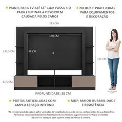 Rack Estante com Painel TV 65" e 2 portas Oslo Multimóveis Preto/Lacca Fumê