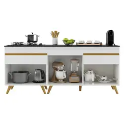 Kit Armário de Cozinha Balcão para Cooktop 70cm e Gabinete Pia 120cm Veneza Multimóveis MP2160 Branco/Dourado