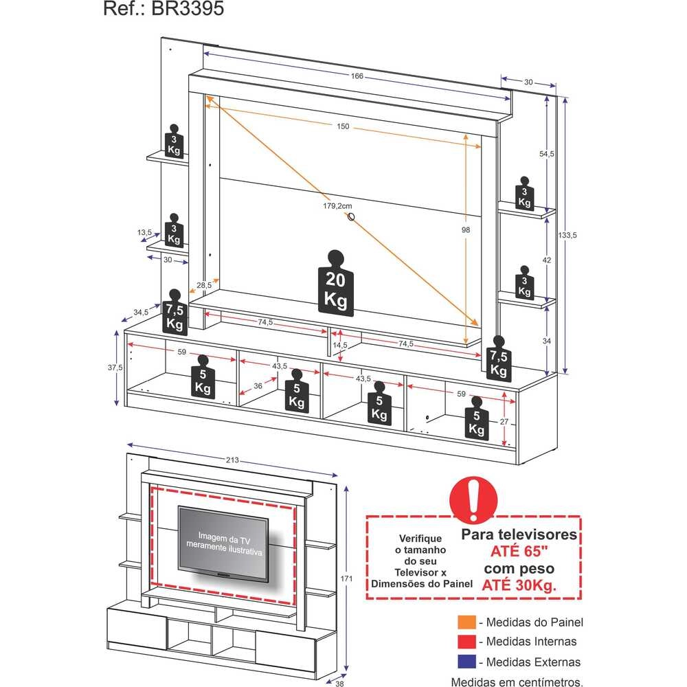 Rack Estante com Painel TV 65" e 2 portas Catar Multimóveis BR3395 Madeirado/Tenerife