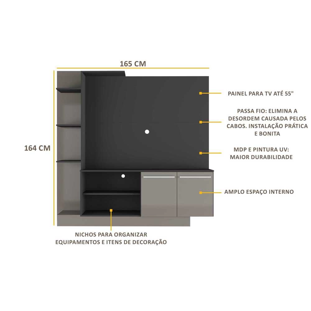 Estante com Painel TV 55" e 2 portas França Multimóveis BR2473 Preto/Lacca Fumê