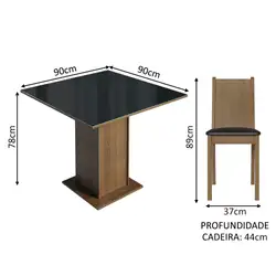 Conjunto Sala de Jantar Mesa Tampo de Vidro 4 Cadeiras Rustic/Preto Perla Madesa Cor:Rustic/Preto