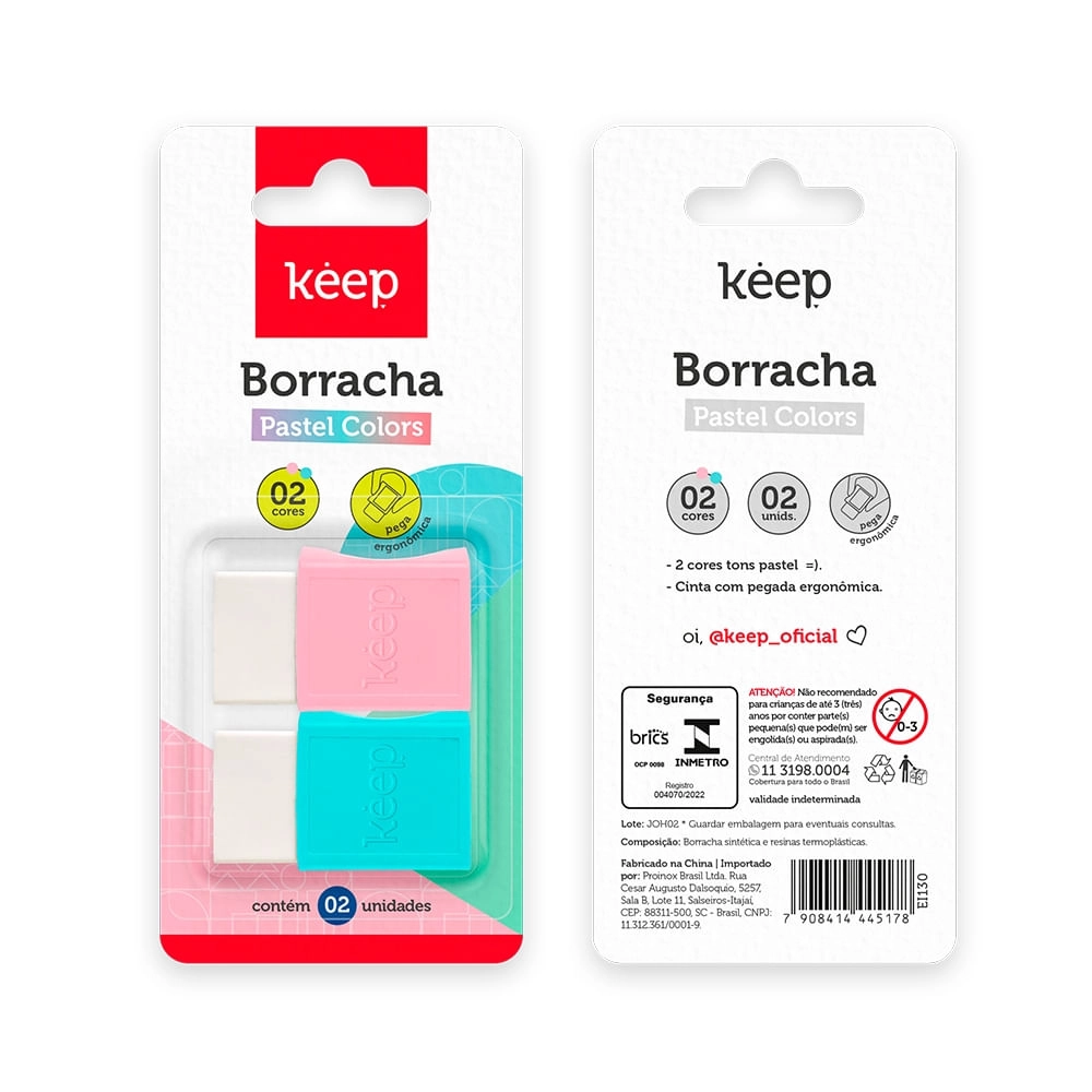 Borrachas Cor Pastel com Cinta Blister c/ 2 Uni. Keep - EI130OUT [Reembalado] EI130OUT