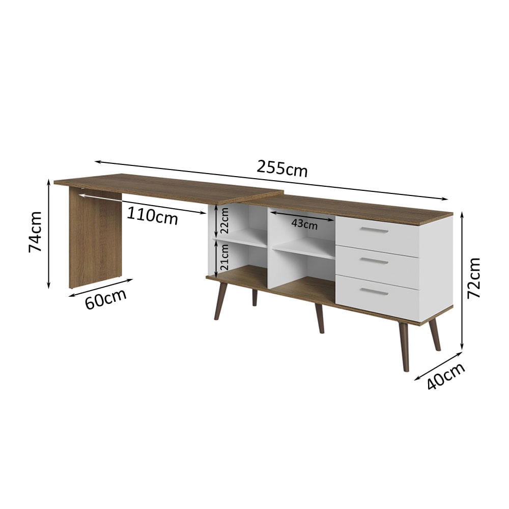 Escrivaninha Mesa de Escritório de Canto 3 Gavetas Branco/Rustic Lisboa Madesa Cor:Branco/Rustic