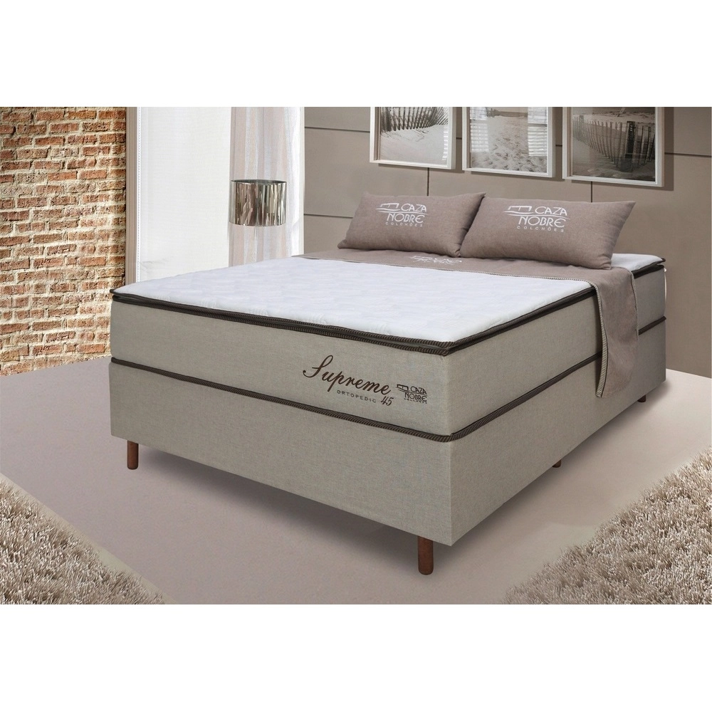 Conjunto Cama Box Casal Espuma Supreme D45 C/EPS Bege 138X188X72 150KG Caza Nobre