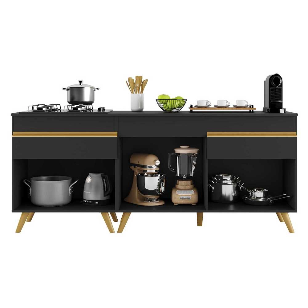 Kit Armário de Cozinha Balcão para Cooktop 70cm e Gabinete Pia 120cm Veneza Multimóveis MP2160 Preto/Dourado