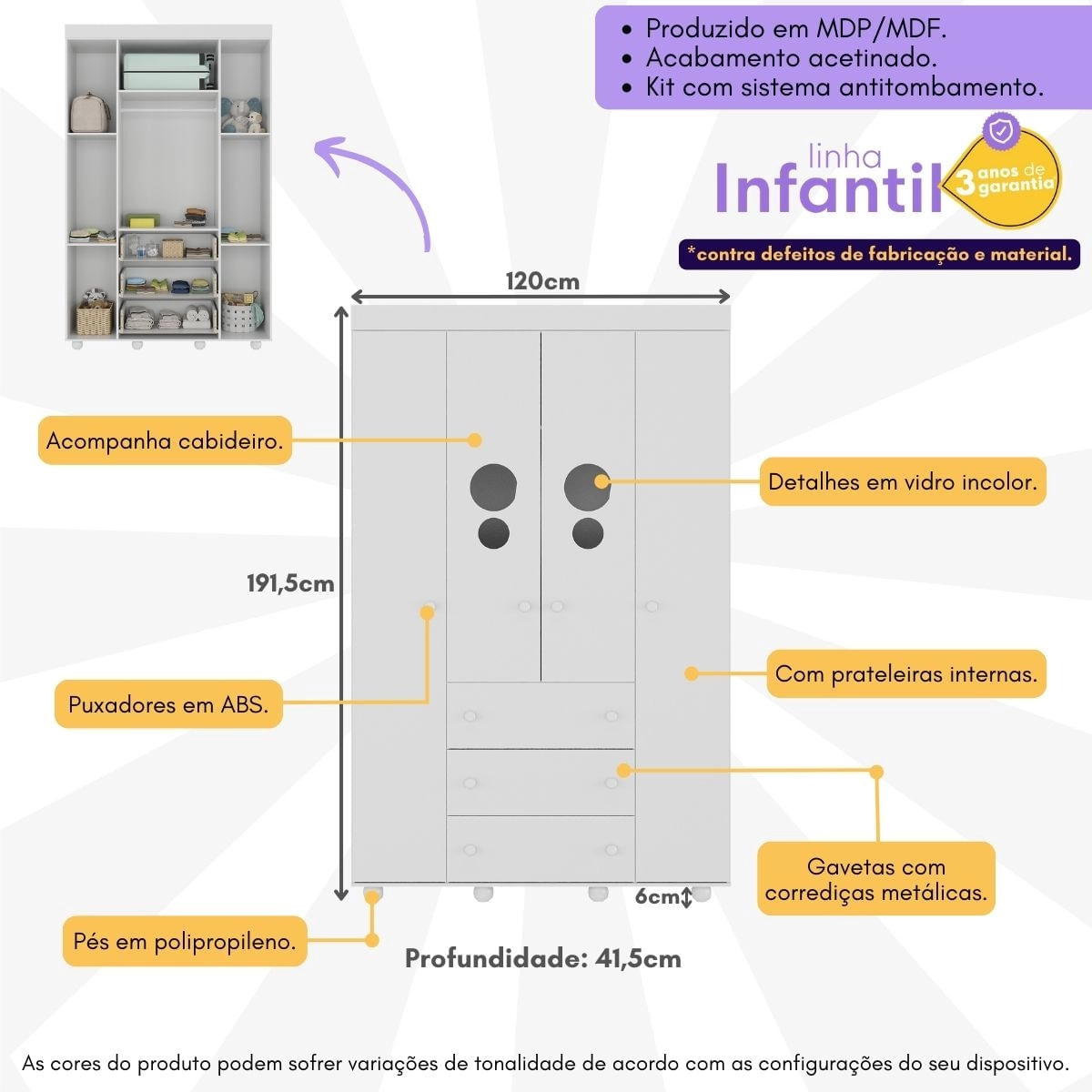 Guarda-Roupas Infantil 4 Portas e 3 Gavetas Picolé Multimóveis BB2894 Branco