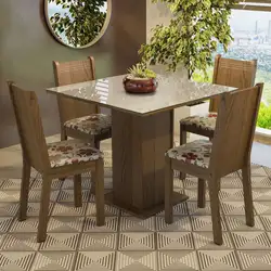 Conjunto Sala de Jantar Mesa Tampo de Vidro 4 Cadeiras Rustic/Crema/Hibiscos Perla Madesa Cor:Rustic/Crema/Hibiscos