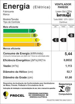 Ventilador de Parede Tufão 60Cm Loren Sid Preto Bivolt