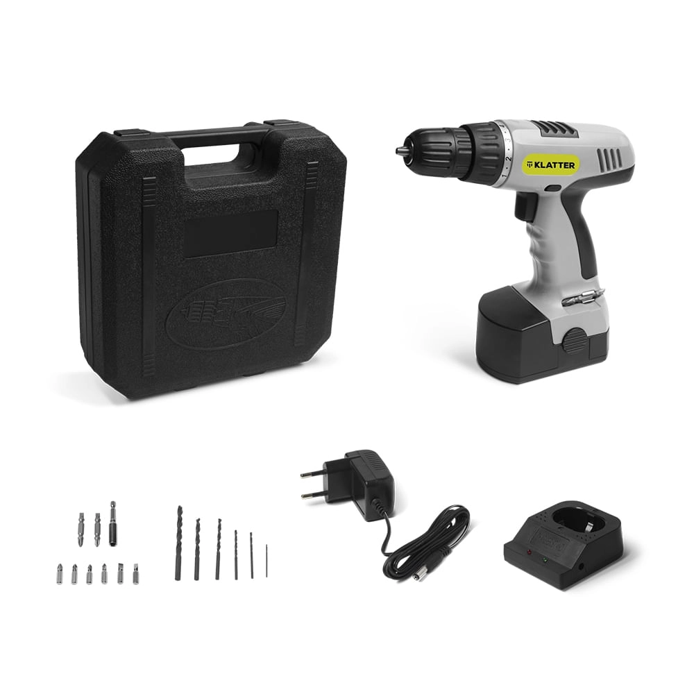 Kit Maleta Parafusadeira e Furadeira 12v Bateria de Lítio 16 Níveis de Torque com Brocas e Bits Cinza Klatter - MV045 MV045